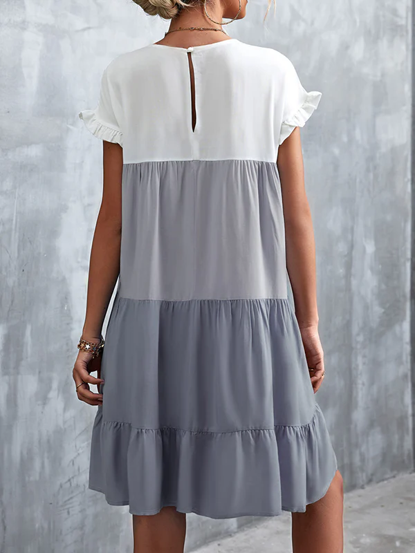 Loose Ruffle Sleeves Contrast Color Falbala Pleated Split-Joint Round-Neck Mini Dresses - Image 21