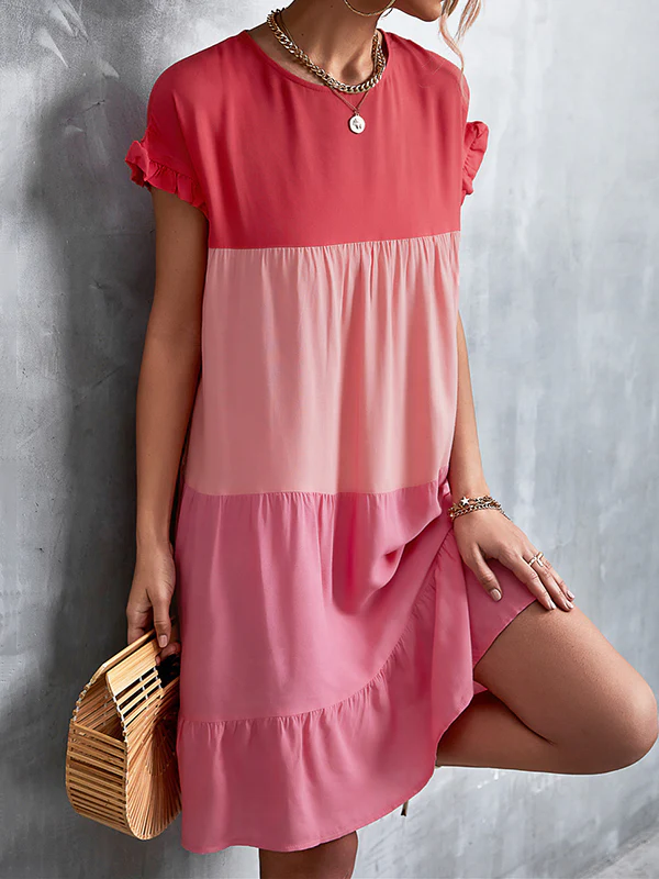 Loose Ruffle Sleeves Contrast Color Falbala Pleated Split-Joint Round-Neck Mini Dresses - Image 22
