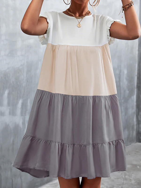 Loose Ruffle Sleeves Contrast Color Falbala Pleated Split-Joint Round-Neck Mini Dresses - Image 3