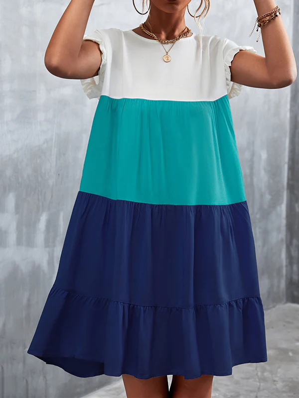 Loose Ruffle Sleeves Contrast Color Falbala Pleated Split-Joint Round-Neck Mini Dresses - Image 4