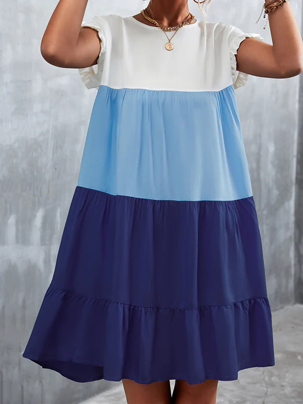 Loose Ruffle Sleeves Contrast Color Falbala Pleated Split-Joint Round-Neck Mini Dresses - Image 5