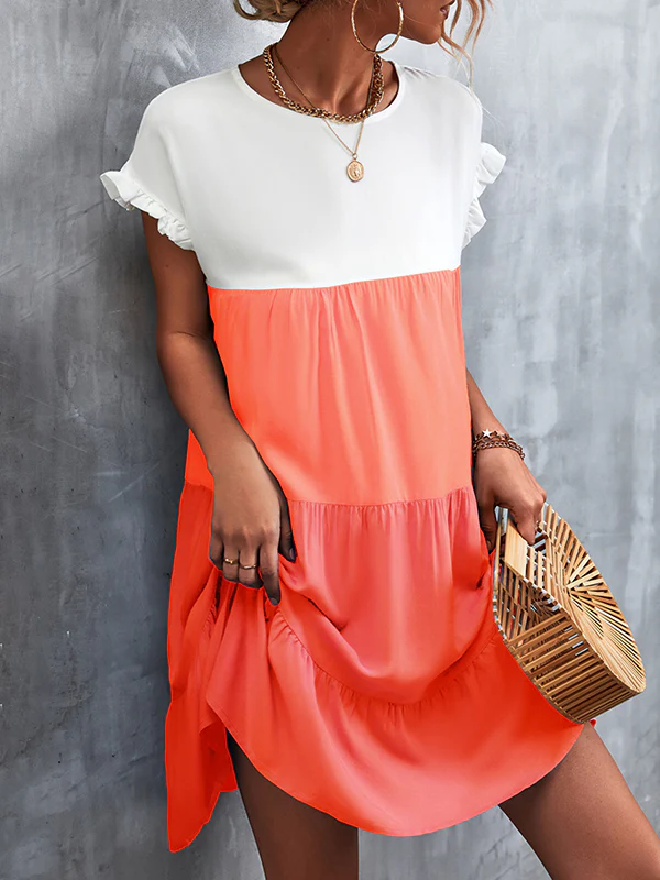 Loose Ruffle Sleeves Contrast Color Falbala Pleated Split-Joint Round-Neck Mini Dresses - Image 6