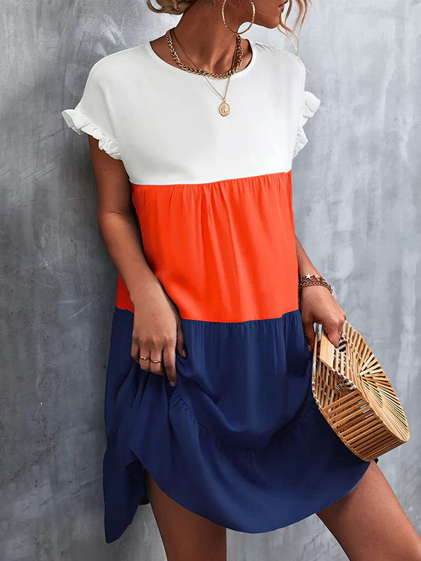 Loose Ruffle Sleeves Contrast Color Falbala Pleated Split-Joint Round-Neck Mini Dresses - Image 7