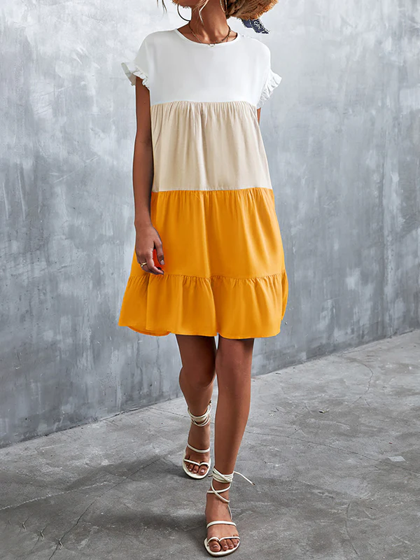 Loose Ruffle Sleeves Contrast Color Falbala Pleated Split-Joint Round-Neck Mini Dresses - Image 8