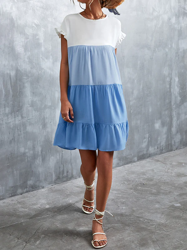 Loose Ruffle Sleeves Contrast Color Falbala Pleated Split-Joint Round-Neck Mini Dresses - Image 9