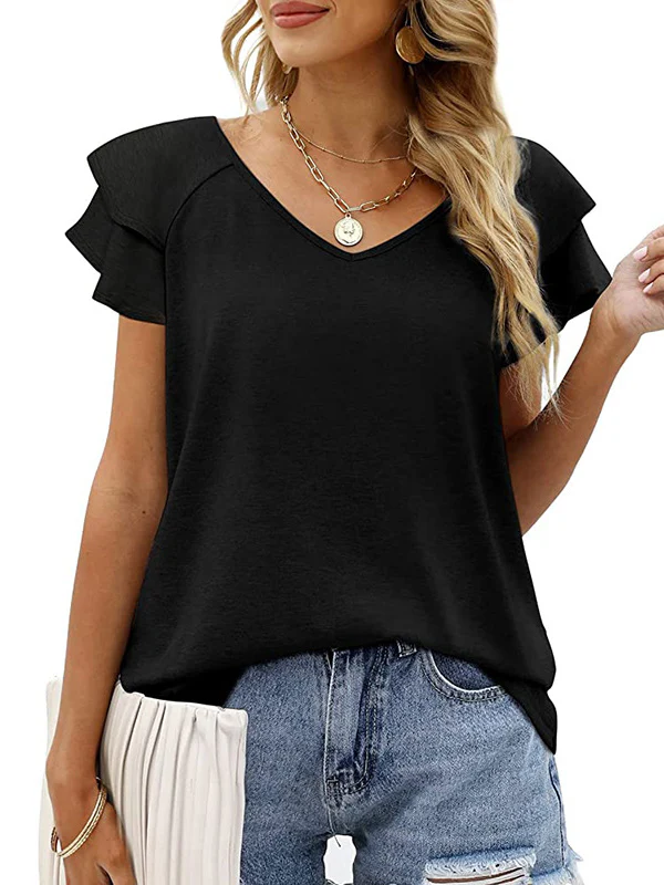 Loose Ruffle Sleeves Double Layered Solid Color Split-Joint Round-Neck T-Shirts Tops - Image 19