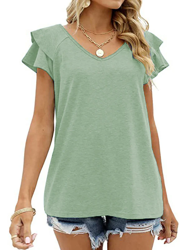 Loose Ruffle Sleeves Double Layered Solid Color Split-Joint Round-Neck T-Shirts Tops - Image 20