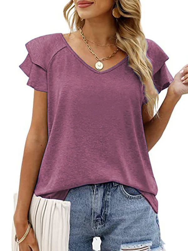 Loose Ruffle Sleeves Double Layered Solid Color Split-Joint Round-Neck T-Shirts Tops - Image 21