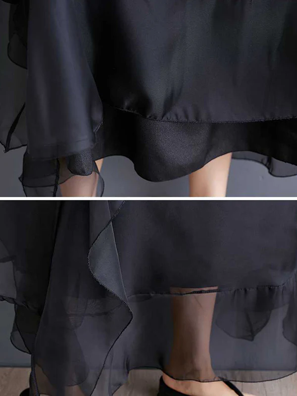 Loose Ruffle Sleeves Falbala Ruffled Solid Color Round-neck Midi Dresses - Image 10