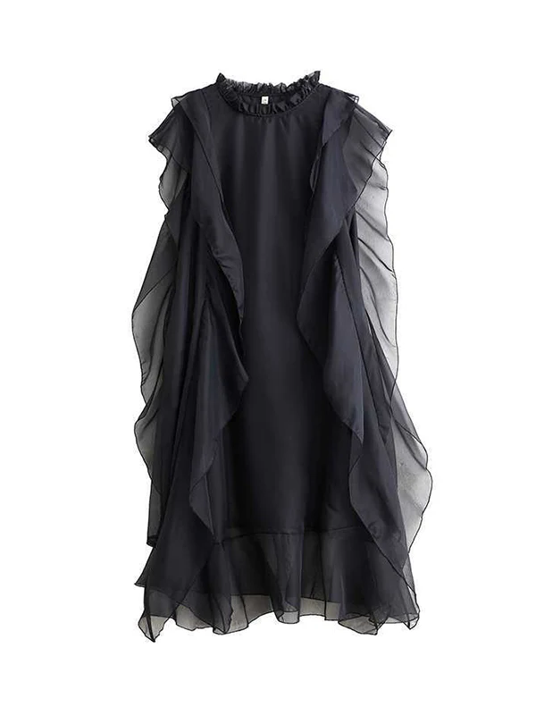 Loose Ruffle Sleeves Falbala Ruffled Solid Color Round-neck Midi Dresses - Image 11