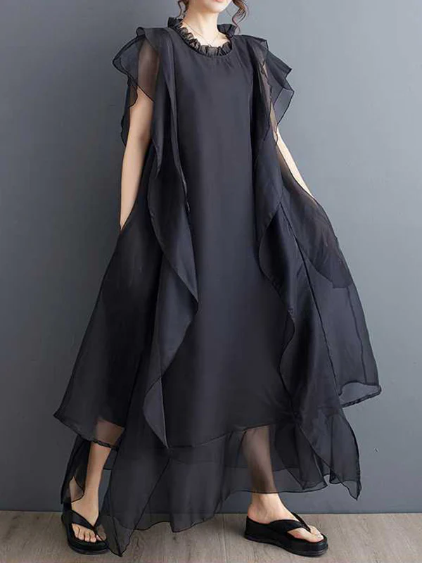 Loose Ruffle Sleeves Falbala Ruffled Solid Color Round-neck Midi Dresses - Image 2