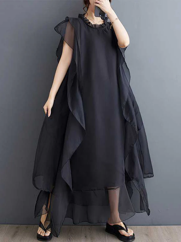 Loose Ruffle Sleeves Falbala Ruffled Solid Color Round-neck Midi Dresses - Image 3