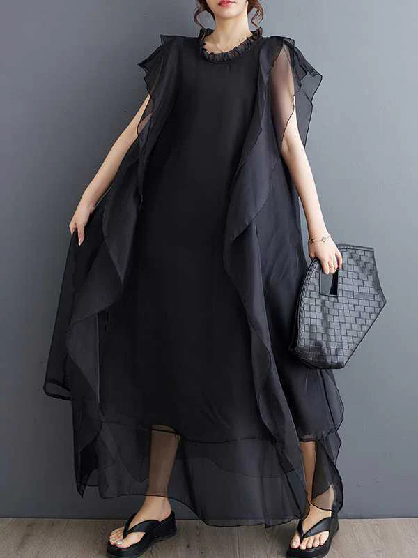 Loose Ruffle Sleeves Falbala Ruffled Solid Color Round-neck Midi Dresses - Image 4