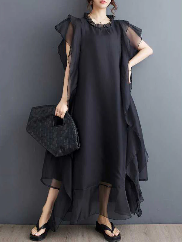 Loose Ruffle Sleeves Falbala Ruffled Solid Color Round-neck Midi Dresses - Image 5