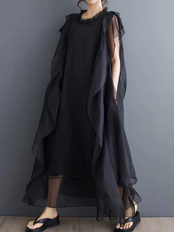 Loose Ruffle Sleeves Falbala Ruffled Solid Color Round-neck Midi Dresses - Image 6