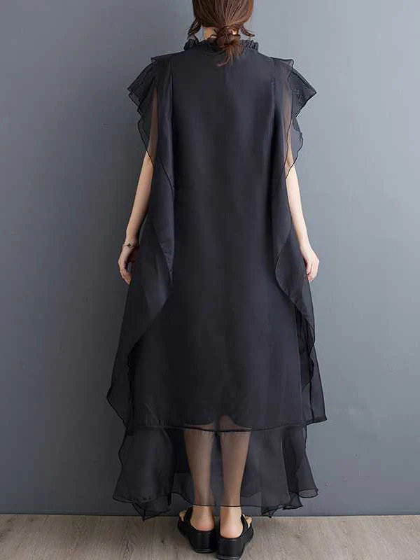 Loose Ruffle Sleeves Falbala Ruffled Solid Color Round-neck Midi Dresses - Image 7