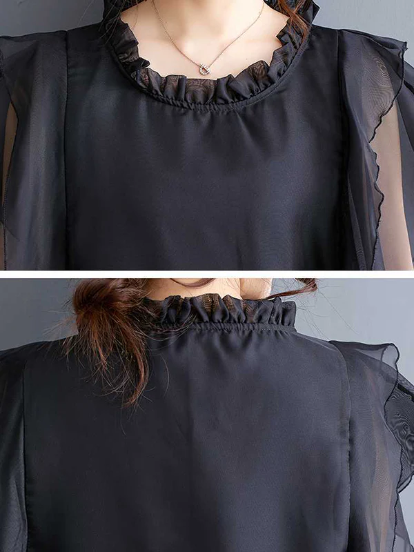 Loose Ruffle Sleeves Falbala Ruffled Solid Color Round-neck Midi Dresses - Image 8
