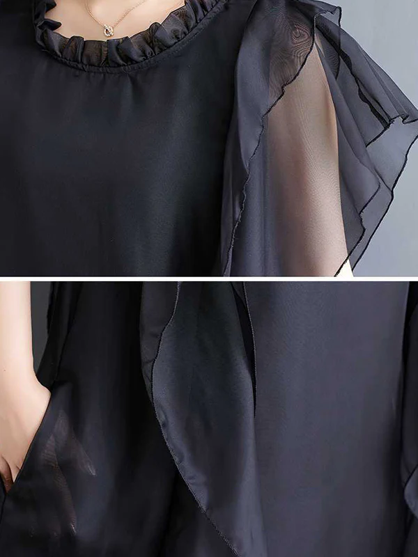 Loose Ruffle Sleeves Falbala Ruffled Solid Color Round-neck Midi Dresses - Image 9