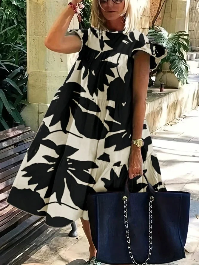 Loose Ruffle Sleeves Flower Print Pleated Round-Neck Midi Dresses - Image 2