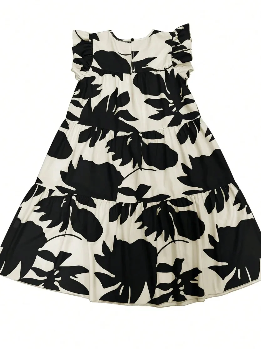 Loose Ruffle Sleeves Flower Print Pleated Round-Neck Midi Dresses - Image 3