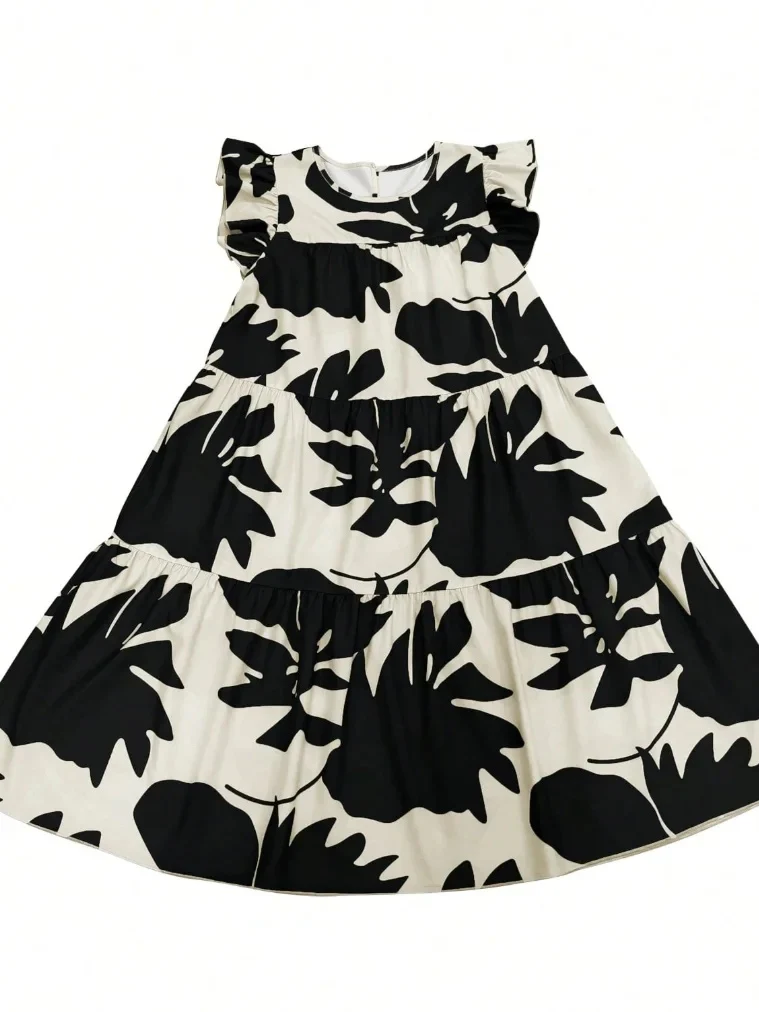 Loose Ruffle Sleeves Flower Print Pleated Round-Neck Midi Dresses - Image 4