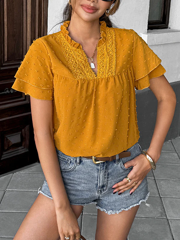 Loose Ruffle Sleeves Jacquard Pleated Solid Color V-Neck Blouses&Shirts Tops - Image 3