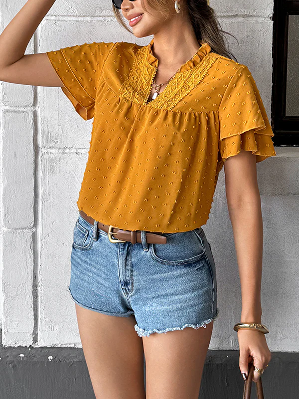 Loose Ruffle Sleeves Jacquard Pleated Solid Color V-Neck Blouses&Shirts Tops - Image 4