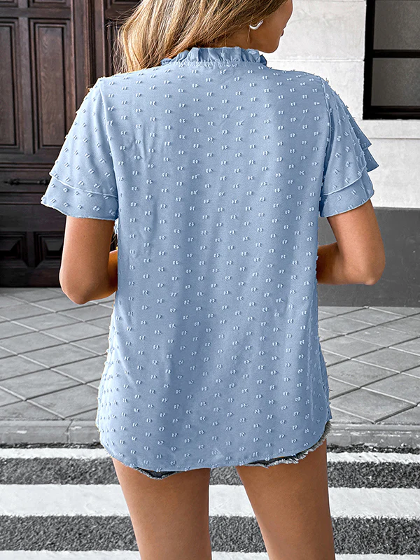 Loose Ruffle Sleeves Jacquard Pleated Solid Color V-Neck Blouses&Shirts Tops - Image 7