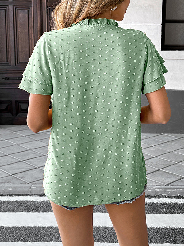 Loose Ruffle Sleeves Jacquard Pleated Solid Color V-Neck Blouses&Shirts Tops - Image 9
