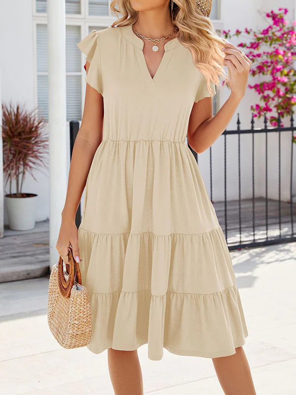 Loose Ruffle Sleeves Pleated Pockets Solid Color Split-Joint V-Neck Midi Dresses - Image 11