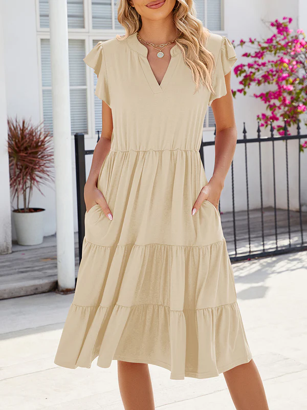 Loose Ruffle Sleeves Pleated Pockets Solid Color Split-Joint V-Neck Midi Dresses - Image 12