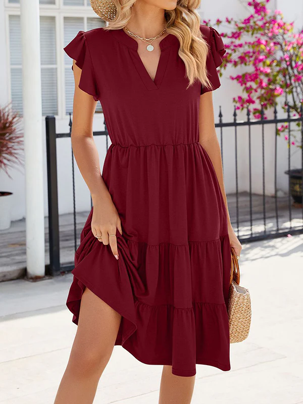 Loose Ruffle Sleeves Pleated Pockets Solid Color Split-Joint V-Neck Midi Dresses - Image 13