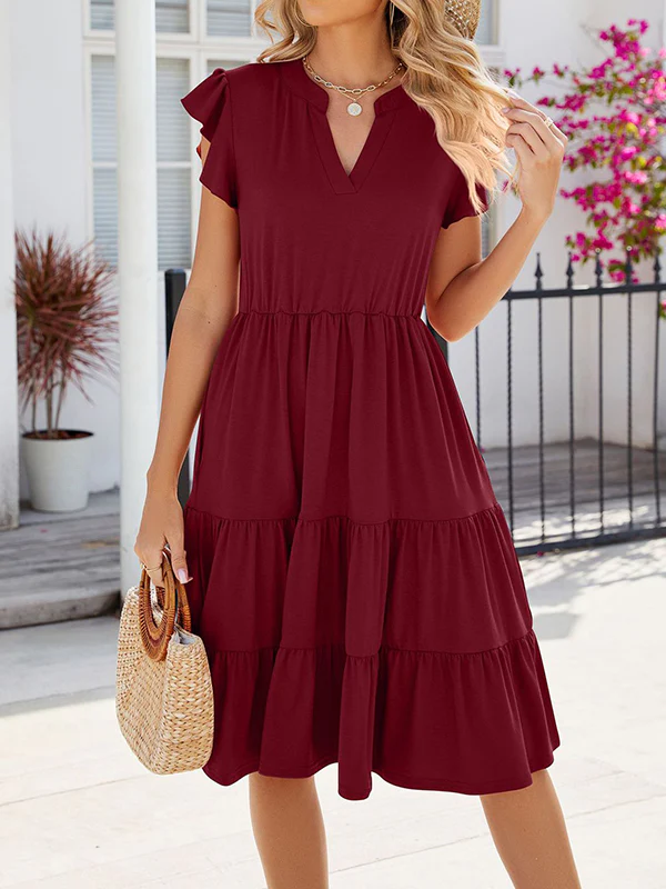 Loose Ruffle Sleeves Pleated Pockets Solid Color Split-Joint V-Neck Midi Dresses - Image 14