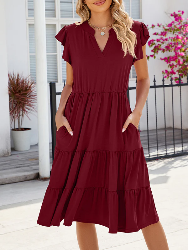 Loose Ruffle Sleeves Pleated Pockets Solid Color Split-Joint V-Neck Midi Dresses - Image 15
