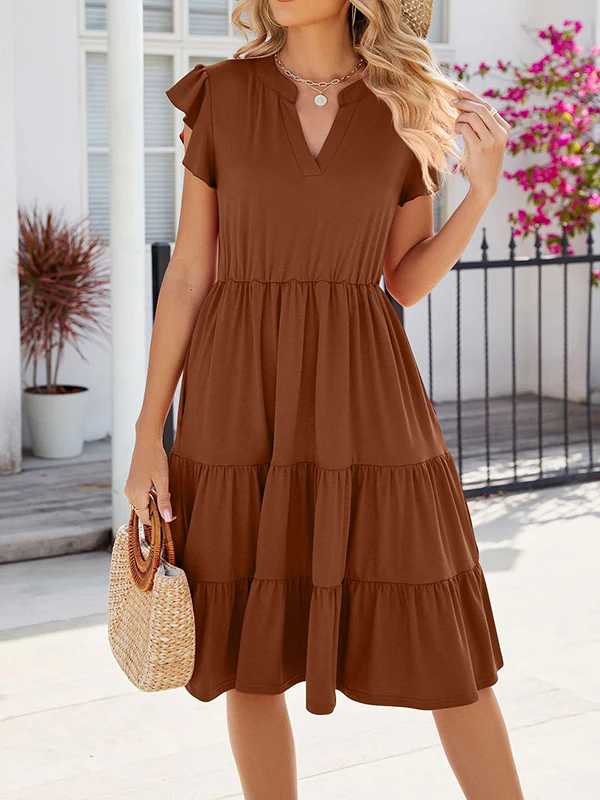 Loose Ruffle Sleeves Pleated Pockets Solid Color Split-Joint V-Neck Midi Dresses - Image 17
