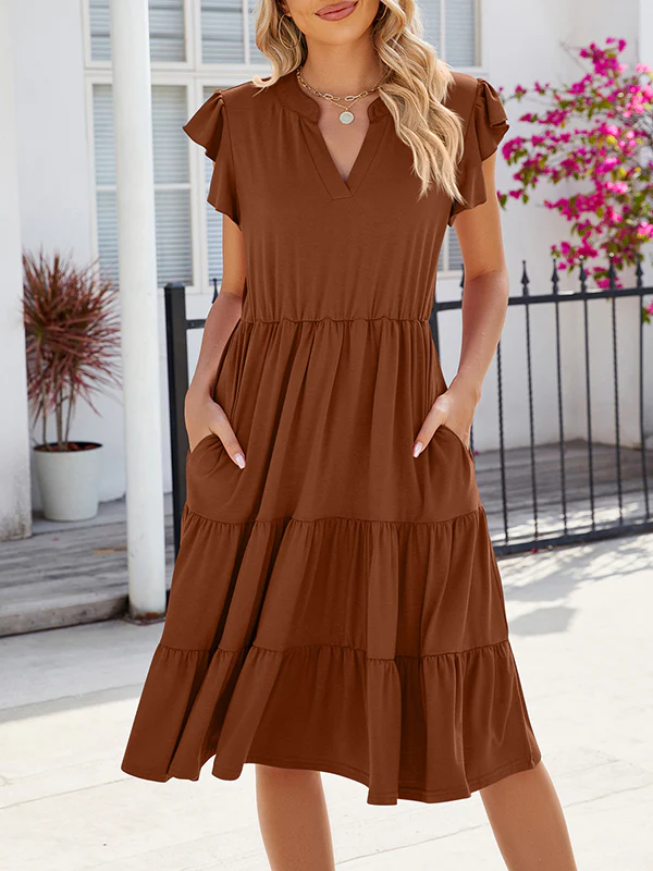 Loose Ruffle Sleeves Pleated Pockets Solid Color Split-Joint V-Neck Midi Dresses - Image 18