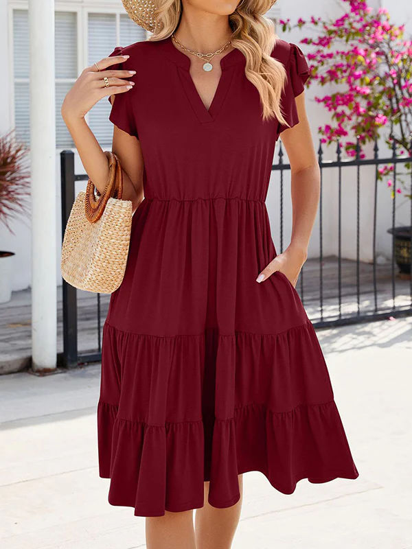 Loose Ruffle Sleeves Pleated Pockets Solid Color Split-Joint V-Neck Midi Dresses - Image 2