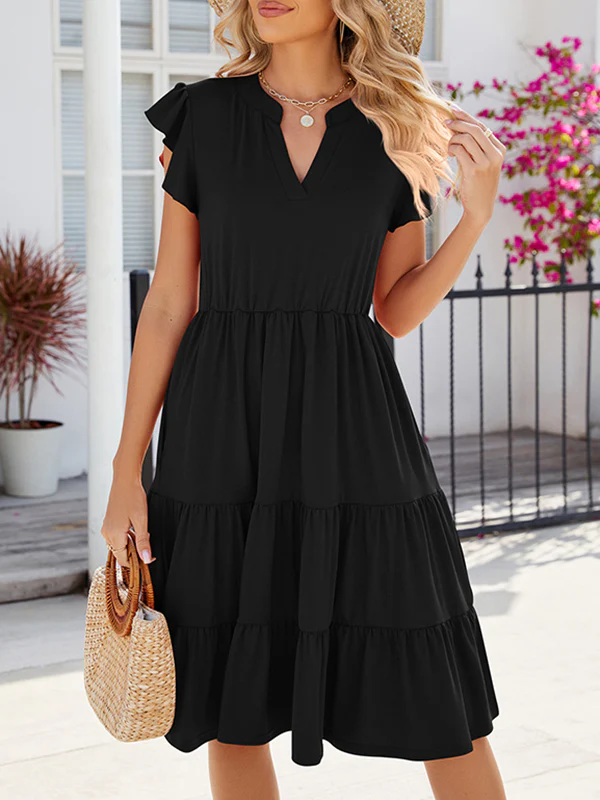 Loose Ruffle Sleeves Pleated Pockets Solid Color Split-Joint V-Neck Midi Dresses - Image 20