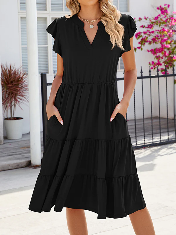 Loose Ruffle Sleeves Pleated Pockets Solid Color Split-Joint V-Neck Midi Dresses - Image 21