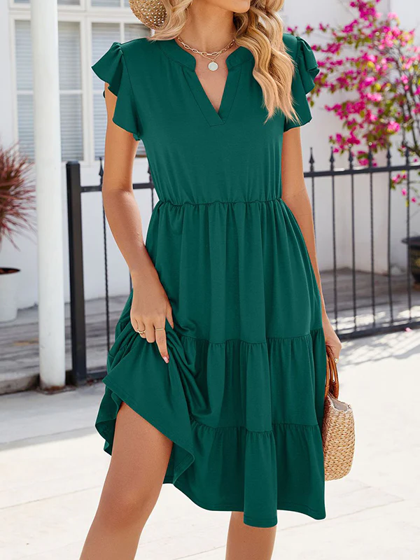 Loose Ruffle Sleeves Pleated Pockets Solid Color Split-Joint V-Neck Midi Dresses - Image 22