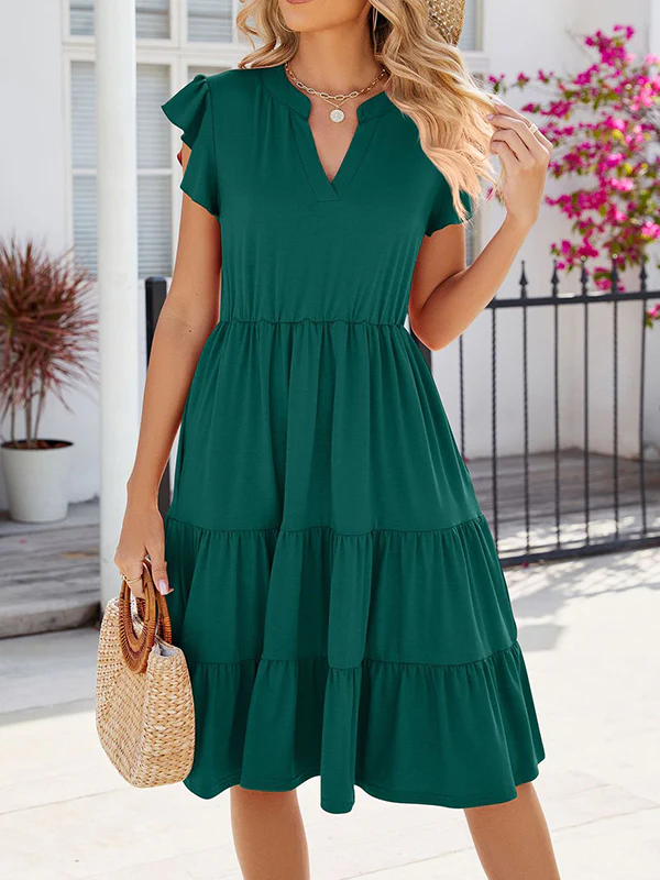 Loose Ruffle Sleeves Pleated Pockets Solid Color Split-Joint V-Neck Midi Dresses - Image 23