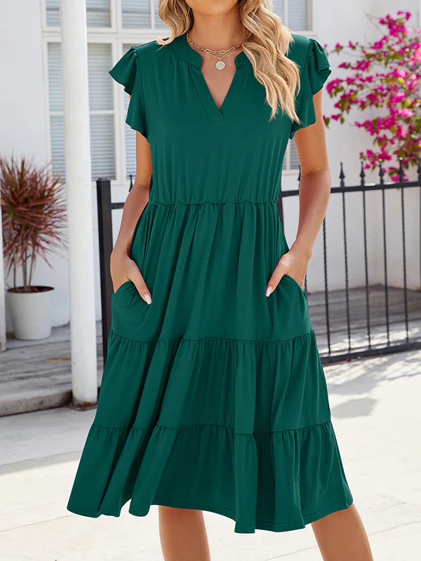 Loose Ruffle Sleeves Pleated Pockets Solid Color Split-Joint V-Neck Midi Dresses - Image 24