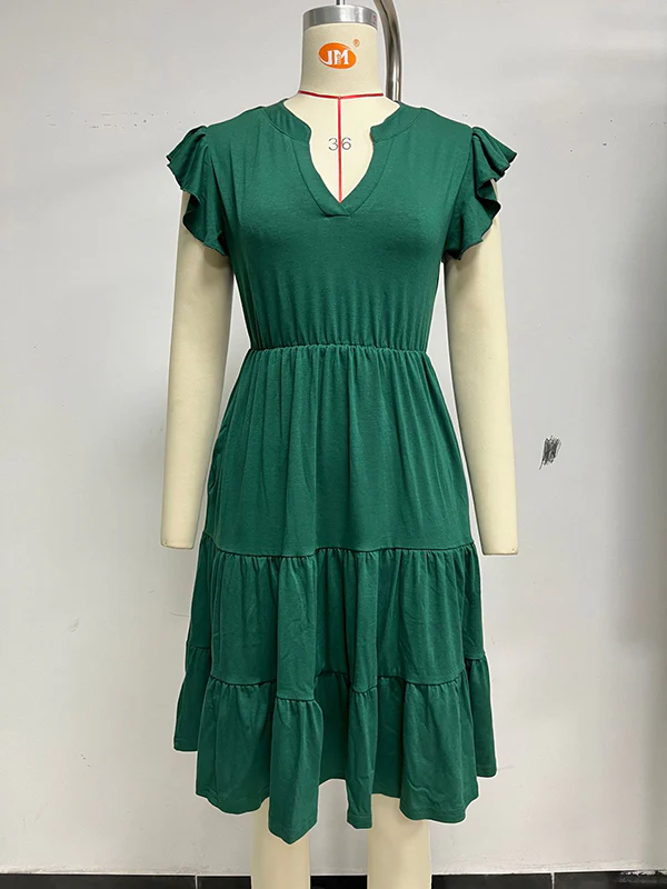 Loose Ruffle Sleeves Pleated Pockets Solid Color Split-Joint V-Neck Midi Dresses - Image 25