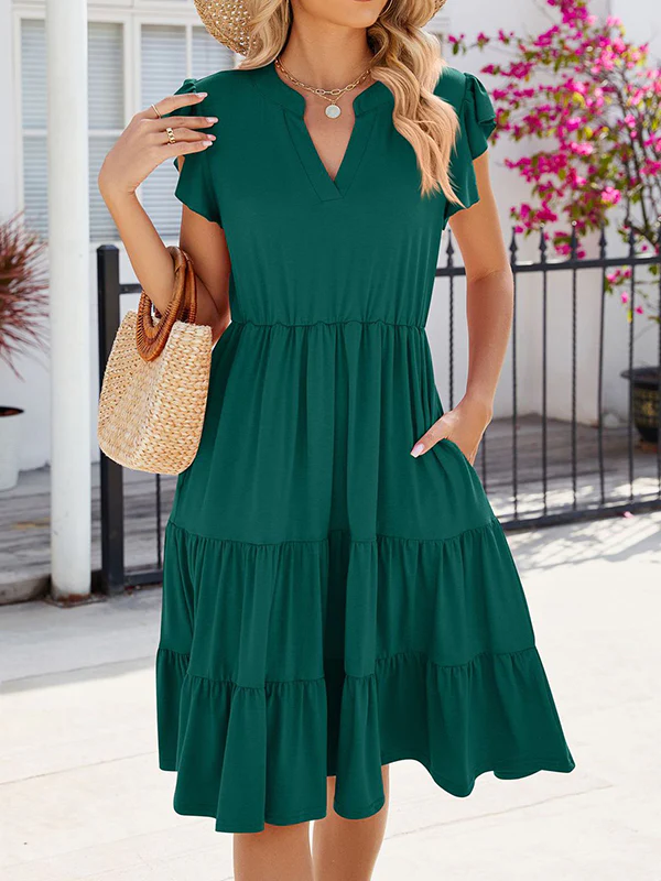 Loose Ruffle Sleeves Pleated Pockets Solid Color Split-Joint V-Neck Midi Dresses - Image 5