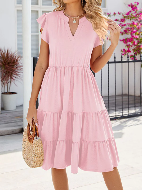 Loose Ruffle Sleeves Pleated Pockets Solid Color Split-Joint V-Neck Midi Dresses - Image 7