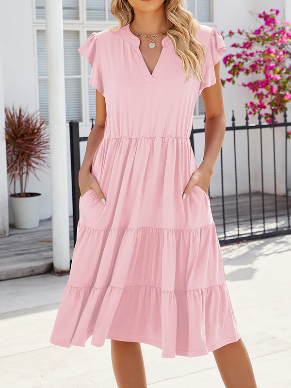 Loose Ruffle Sleeves Pleated Pockets Solid Color Split-Joint V-Neck Midi Dresses - Image 8