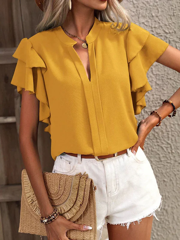Loose Ruffle Sleeves Ruffle Trim Solid Color V-Neck Blouses&Shirts Tops - Image 3