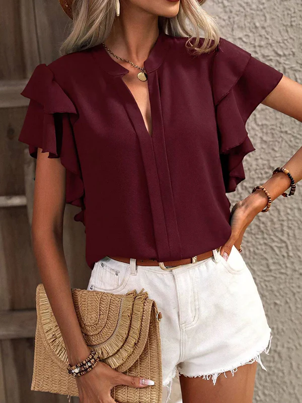 Loose Ruffle Sleeves Ruffle Trim Solid Color V-Neck Blouses&Shirts Tops - Image 4