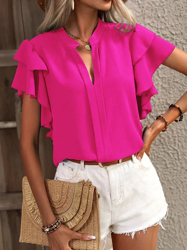Loose Ruffle Sleeves Ruffle Trim Solid Color V-Neck Blouses&Shirts Tops - Image 7