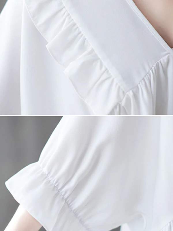 Loose Ruffle Sleeves Ruffled Solid Color Peter Pan Collar Blouses&Shirts Tops - Image 10
